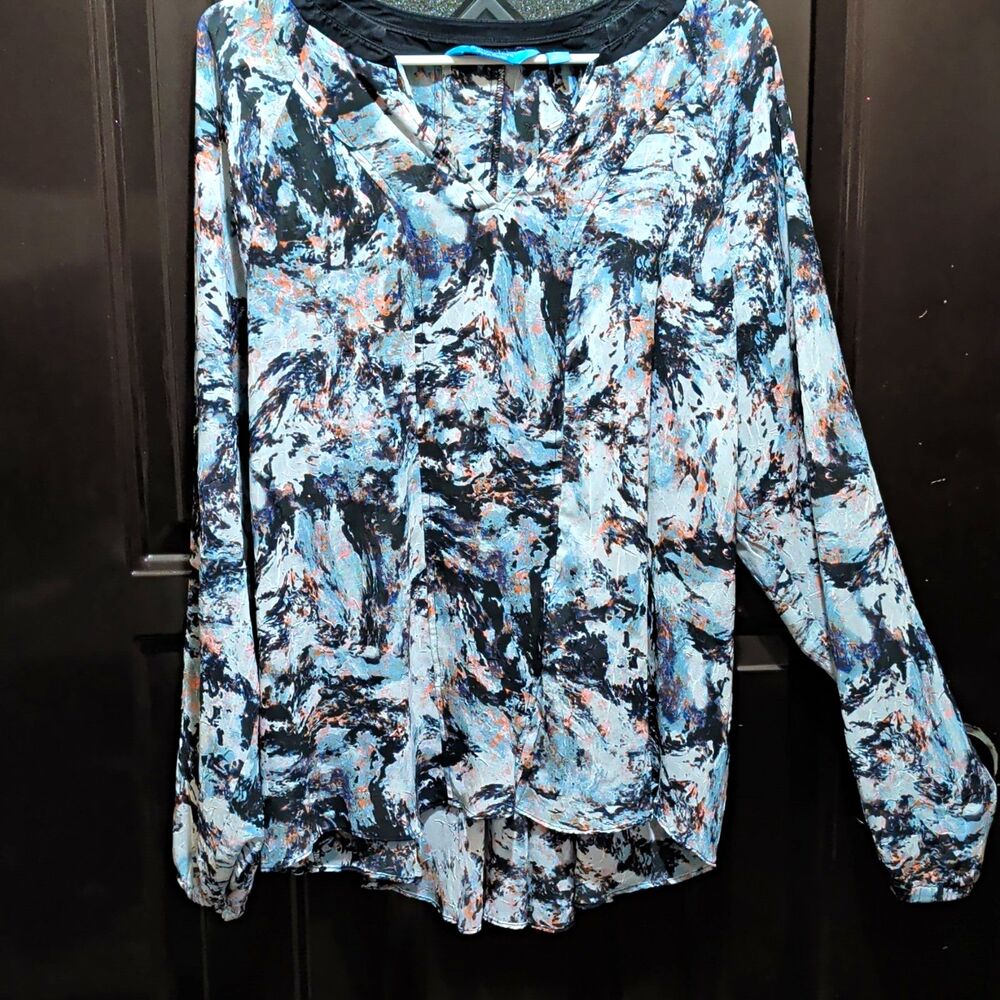 Simply Vera Vera Wang Women's XL Abstract Blouse Blue Black Beige Long Sleeve